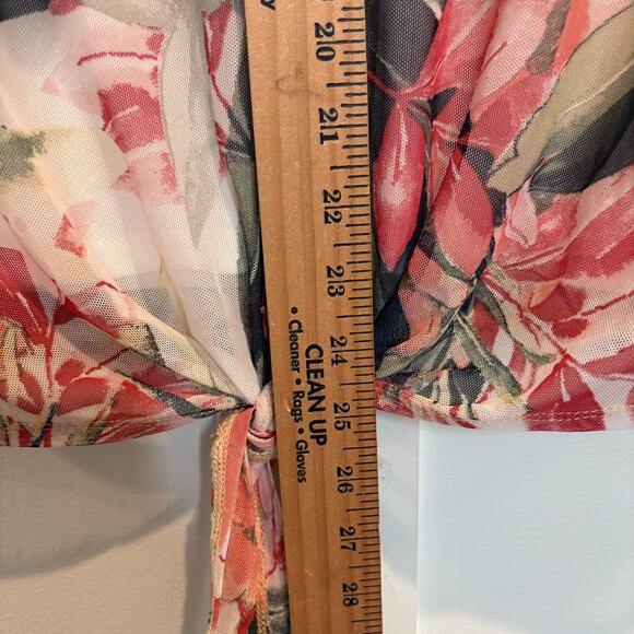 Cocomo Shirt Women Large Pink Green Floral Mesh Overlay Sheer Layered Tie Front - Picture 10 of 12